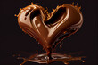 Splash of melted chocolate in the shape of a heart. Greeting mockup design element. Dark background, dark brown chocolate.