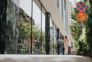 Professionals discuss business growth, expansion, and new project ideas outdoors in the urban city center. Their dynamic collaboration reflects the success of a thriving corporate business community.