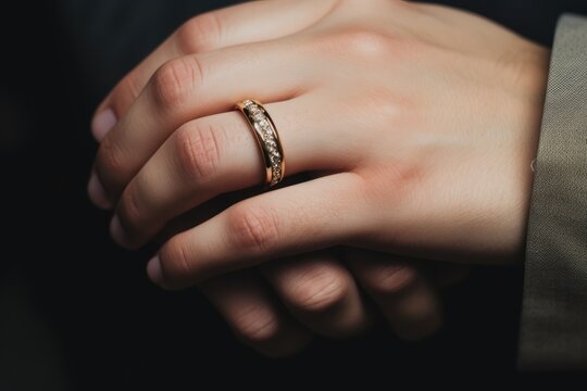 Close-up of woman's hand with wedding ring on black background, Wedding rings and hands closeup, AI Generated