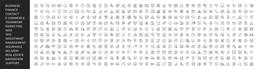 Fototapete - Line icons big set. business, finance, information, contact, ecommerce, teamwork, banking, marketing, seo icon. Popular icons collection. Vector