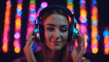 Laughting, close up.  isolated on dark background in multicolored neon, listening to music with headphones