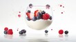 Healthy breakfast concept. Natural organic yogurt with flying levitation fresh berries ingredients. Creative food photography.  