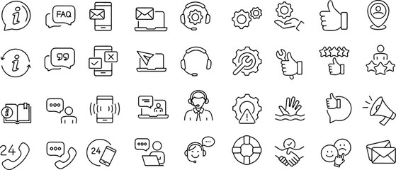 Pixel perfect icon set about customer support line, customer feedback and customer satisfaction. Thin line icons, flat vector illustrations, isolated on white, transparent background	