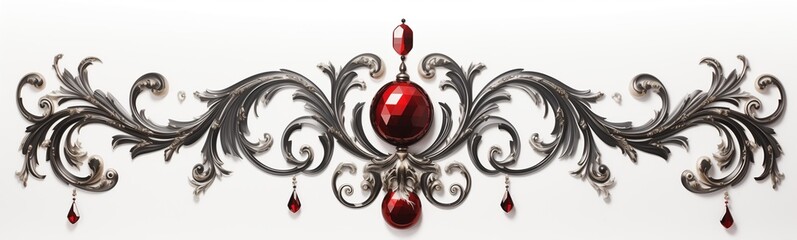 Beautiful, elegant red and silver acanthus illustration, Christmas ruby, garnets gems on metal twirling arabesques, foliage ornament decorative band, white background festive border, divider or frieze