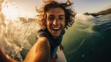Portrait Of A Young Man Taking A Selfie While Surfing, Wide Angle Lens