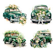 Watercolor illustration wedding car with flowers emerald green