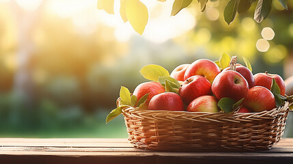 Wall Mural - apples in a basket on wooden concept in field