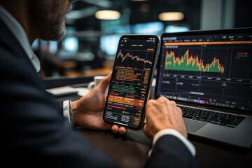 Crypto trader investor broker holding finger using cell phone app executing financial stock trade market trading