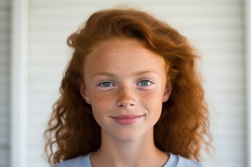 Wall Mural - Headshot Portrait of happy ginger girl with freckles smiling looking at camera. White background.