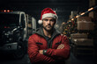 Business distribution and fast safe logistics express service on Christmas concept. Active adult man. Portrait male truck driver in front of van in winter clothes smiling to camera with arms crossed