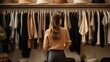 A stylish woman in a sweater and chic admires a selection of trendy and colorful garments in a boutique. Ai generated