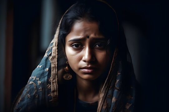 Portrait of a crying beautiful young Indian woman, AI