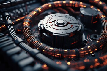 Poster - A detailed view of a computer hard drive, showcasing its intricate components. This image can be used to illustrate technology, data storage, or computer hardware concepts.