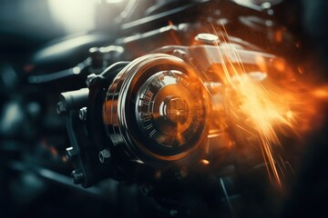 Poster - A close-up view of a motorcycle's front light. This image can be used to illustrate motorcycle accessories, transportation, or the concept of speed and adventure.