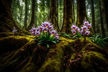 Wall Mural - Wild orchids peeking out from a bed of emerald moss, adding a touch of elegance to the forest floor.