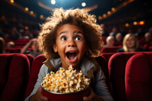 African-American toddler boy impressed with mouth wide open. Enjoy watching horror movie or thriller in the cinema hall. Bright facial expression, human emotions first time in cinema concept