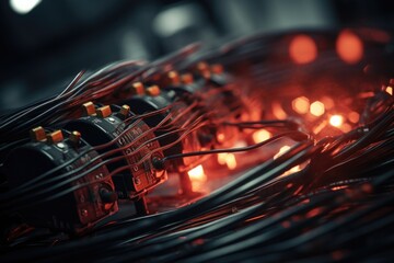 Poster - A detailed close-up view of a bunch of wires. This image can be used to represent technology, connectivity, or electrical systems.