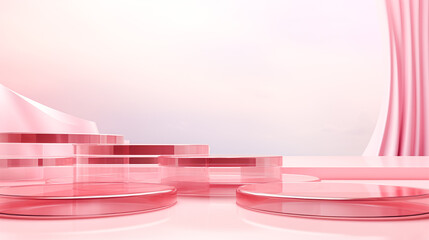 Wall Mural - Creative abstract podium, empty round stage made of pink transparent material, pink background, Minimalism