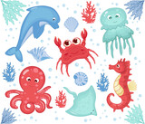 Fototapeta Dinusie - Sea animals cute set isolated on white background. Vector illustration of octopus, stingray, jellyfish, crab, dolphin, seahorse, turtle, seashells. Cartoon style for children. Marine life, sea world.