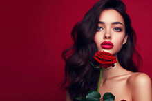 Beautiful young woman with red lips holding a red rose on red background. ai generative