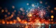 New Year Eve celebration Fireworks Background with copy space and rain water, blurred bokeh lights blue background  wallpaper, new beginning 