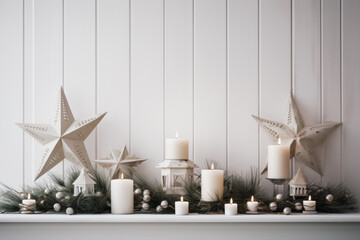 Wall Mural - Scandinavian Christmas decor, featuring simple, elegant decorations like white candles, pine branches, and wooden stars on a clean, light background. The overall feel is minimalist and serene.