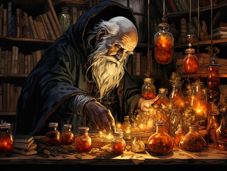 search of the elixir of youth old grey haired bearded man necromancer sorcerer casting black magic spell using black magic book. alchemist prepares poison potions in a dark laboratory. generative AI.