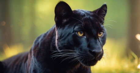 Poster -  a close up of a black cat in a field of grass with trees in the background and sunlight shining on the cat's face.