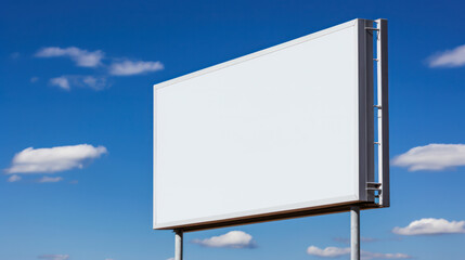 Blank wide advertising board or large billboard on a background of blue sky. Advertising concept, consumerism, white screen, template.