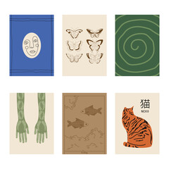 Wall Mural - Set of vertical abstract posters in retro asian style for your poster, flyer or banner (Japanese text translation: cat).