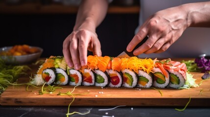 Sticker -  a person cutting up sushi on a cutting board with a bowl of vegetables and a bowl of sauce in the background.