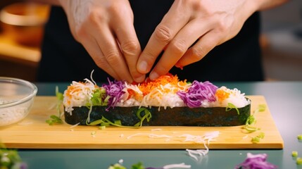 Wall Mural -  a person cutting up a sushi on top of a wooden cutting board next to a bowl of rice and vegetables.