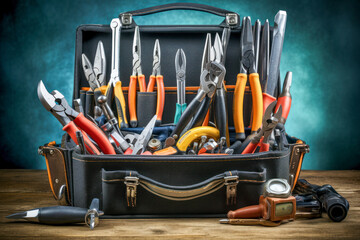 A plumber's toolbox featuring an assortment of pliers.