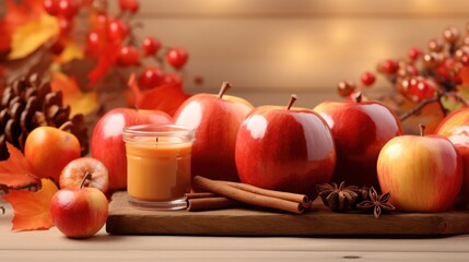 Wall Mural -  a table topped with apples and cinnamons next to a jar of apple cider next to a pine cone.