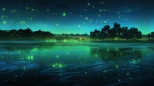  A Painting Of A Lake At Night With A Lot Of Fireflies Flying Over The Water And Trees In The Distance.