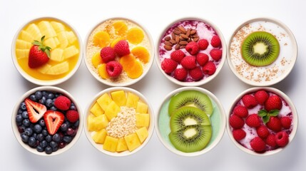 Poster -  a group of bowls filled with different types of fruit on top of a white table next to a bowl of yogurt, kiwi, bananas, kiwi, strawberries, kiwi, and kiwi, and kiwi.