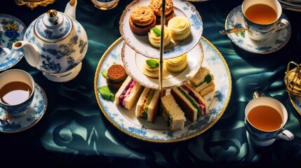 Poster -  a table topped with a plate of sandwiches and cups of tea next to a tea pot and a cup of tea.