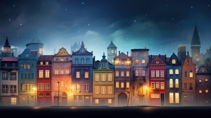 Poster -  a painting of a city at night with lots of windows and a clock on the top of the building and a full moon in the sky.