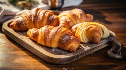 Canvas Print -  a couple of croissants sitting on top of a wooden tray on top of a wooden table next to a cup of coffee.