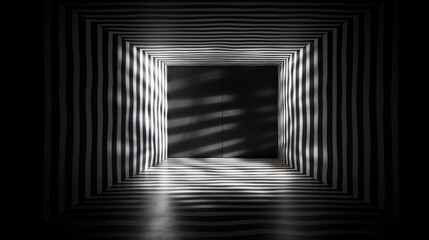 Poster -  a black and white photo of a room with a light at the end of the room and the light at the end of the room.