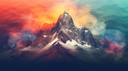 Sticker -  a digital painting of a mountain peak with a colorful sky in the back ground and clouds in the foreground.