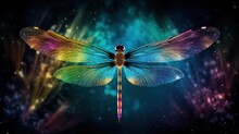  A Multicolored Dragonfly Flying Through The Air With Its Wings Spread Out And Lights Shining In The Background.