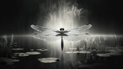 Wall Mural -  a black and white photo of a dragon sitting on top of a body of water with lily pads in front of it.