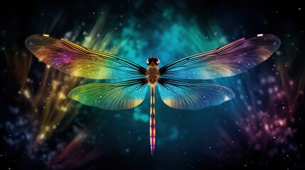 Poster -  a multicolored dragonfly flying through the air with its wings spread out and lights shining in the background.