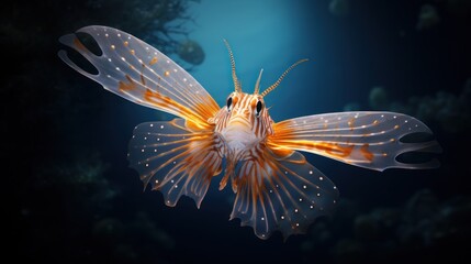 Poster -  a close up of a fish in a body of water with a light on it's head and a body of water in the background.