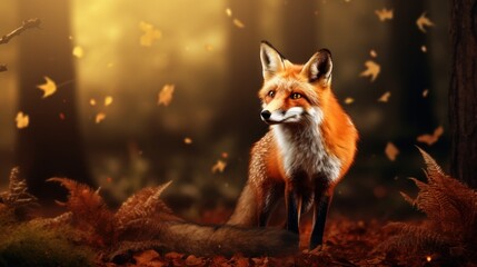 Wall Mural -  a red fox standing in the middle of a forest with lots of leaves on the ground and trees in the background.