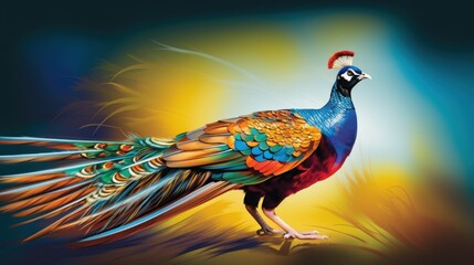 Sticker -  a painting of a colorful bird on a blue, yellow, and orange background with a red head and tail.