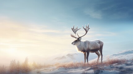 Poster -  a large white deer standing on top of a snow covered field in front of a sky filled with clouds and trees.