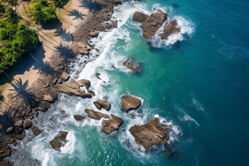 Wall Mural - Aerial view of an island with rocks, waves and sand