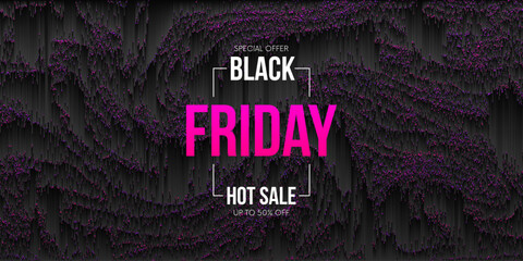 Black Friday sale banner on black abstract futuristic pixel sorting background with gradient lines and flickering pixels. Geometric discount event banner on pixelated texture. Vector illustration